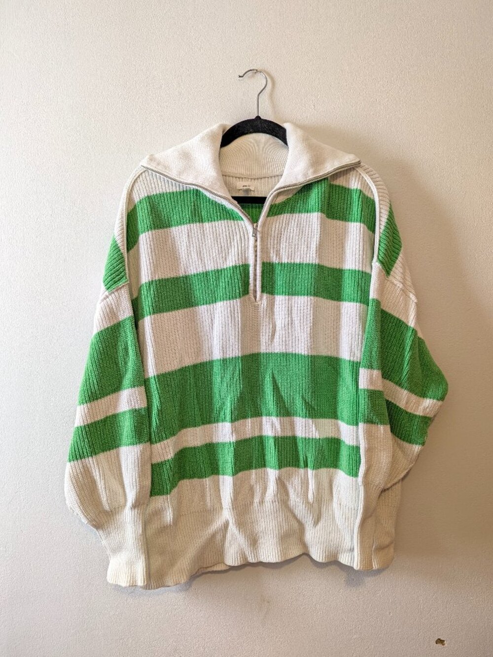 Aerie Oversized Quarter Zip Sweater Green White Striped Chunky Knit M